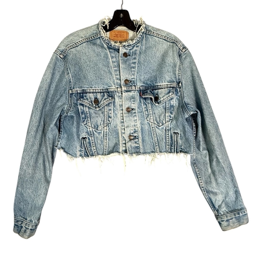Vintage Levi's Cropped Denim Jacket Raw Hem Upcycled Grunge 70503 Distressed USA